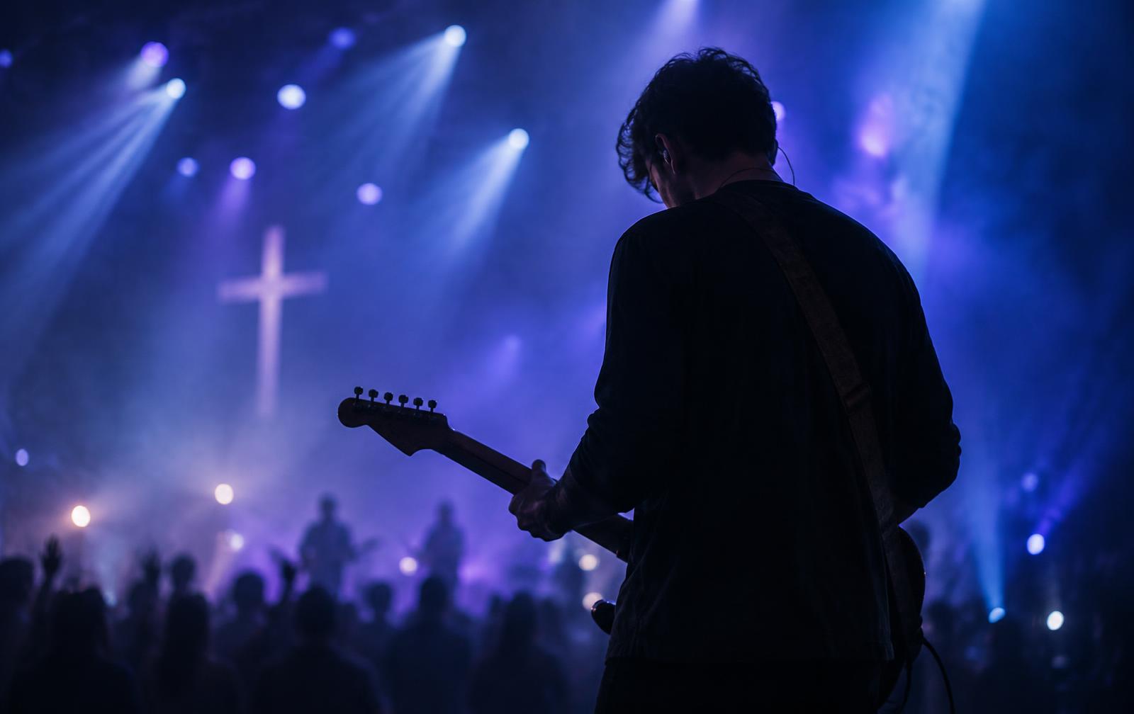 Guitarrista de alabanza en el escenario bajo luces azules y violetas